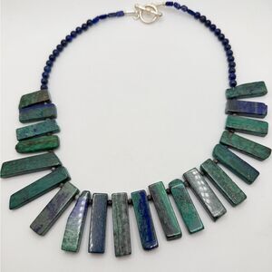 19" Revived Azurite, Lapis Lazuli, larvikite beaded necklace w/ SP clasp!